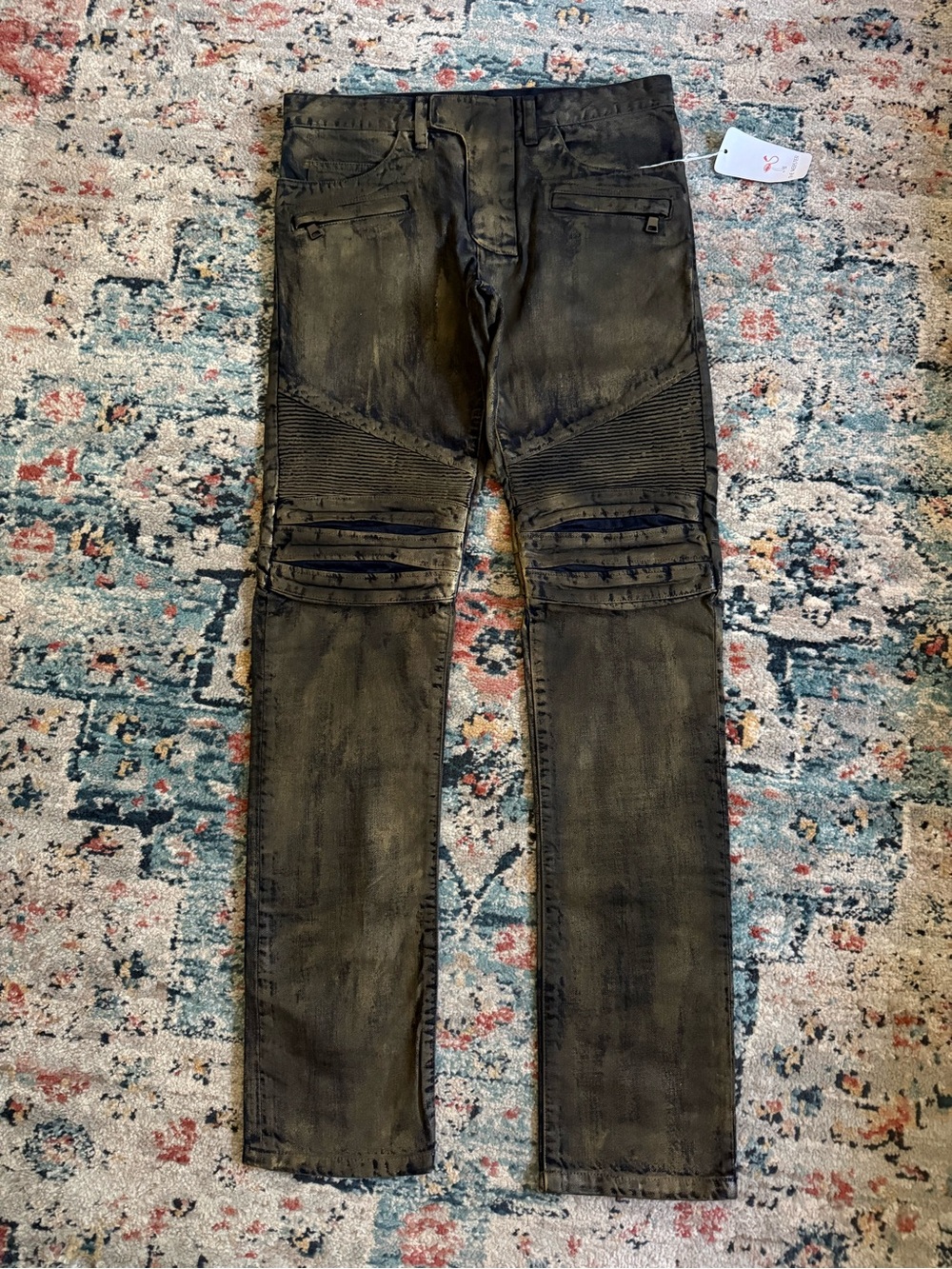 Balmain Aw16 Gold Waxed biker denim size